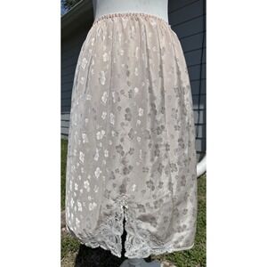 Vintage Barbizon Half Slip Beige Brocade White Lace Trim Medium Lingerie Slit